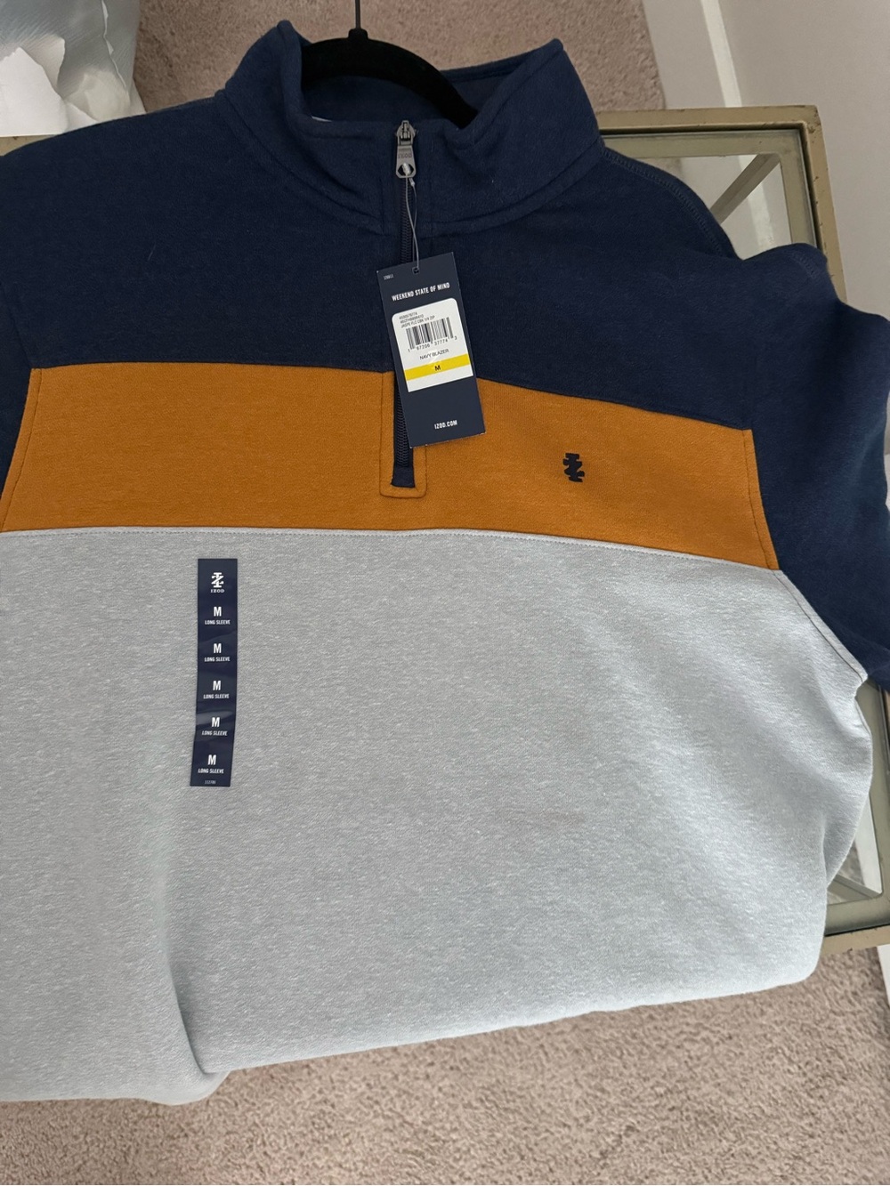 Izod Navy and Mustard Colorblock Quarter-Zip Pullover